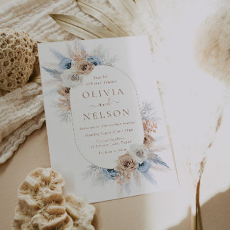 Boho Beige & Blue Floral Frame Wedding Invitation