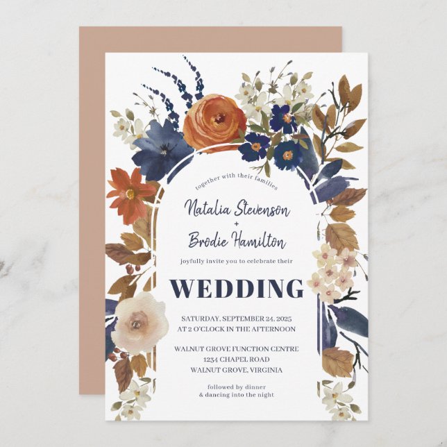 Boho Beige Blue Rust Floral Wedding Invitation (Front/Back)