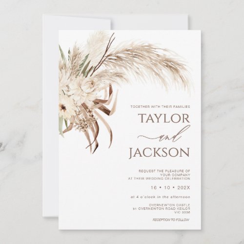 Boho Beige Brown Floral Pampas Grass Wedding Invitation