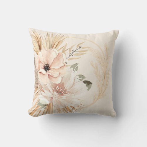 Boho Beige Brown Watercolor Flowers Palms  Throw Pillow