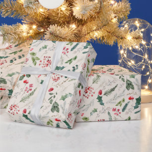 Boho Beige Christmas Botanical Holly & Berries Wrapping Paper