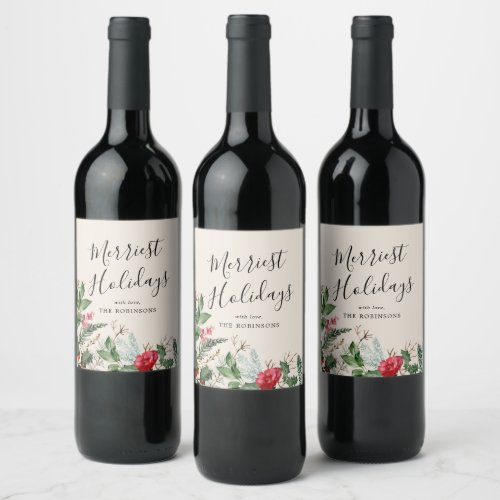 Boho Beige Christmas Winter Botanical Foliage Wine Label