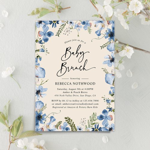 Boho Beige Dusty Blue Floral Baby Shower Brunch Invitation
