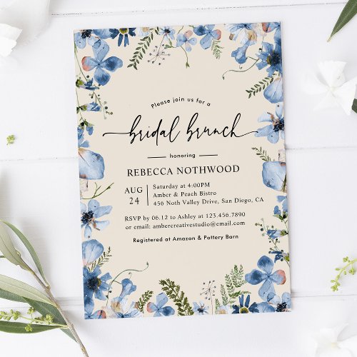 Boho Beige Dusty Blue Floral Bridal Brunch Shower Invitation