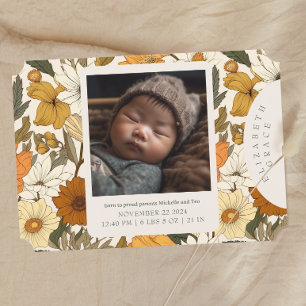 Boho Beige Fall Floral Newborn Birth Announcement
