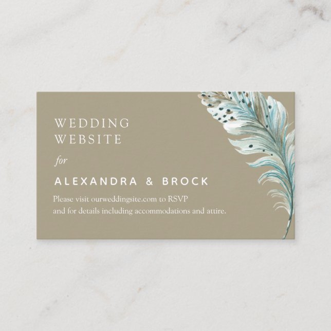 Boho Beige Feather Minimal Wedding Details Website Enclosure Card (Front)
