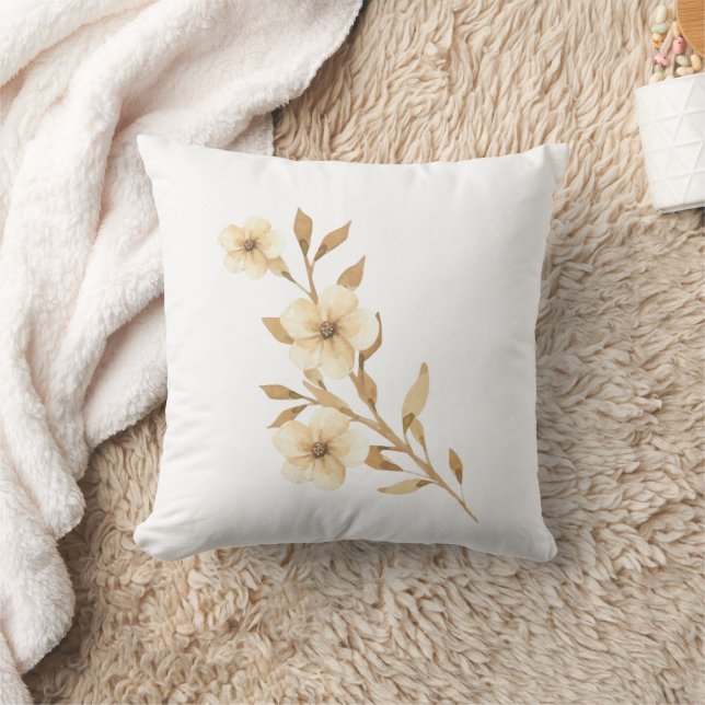 Boho Beige Floral Autumn Fall Throw Pillow (Blanket)