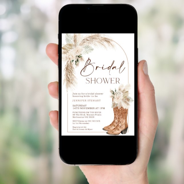 Boho Beige Floral Boots Bridal Shower Invitation (Front Digital)