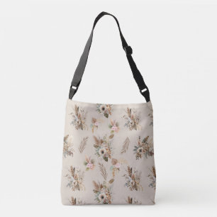 Boho Beige Floral Botanical Pink Green Flowers  Crossbody Bag