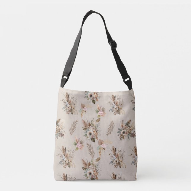 Boho Beige Floral Botanical Pink Green Flowers  Crossbody Bag (Back)
