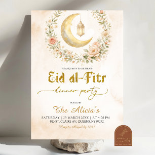 Boho Beige Floral Crescent Ramadan Eid Al-Fitr Invitation