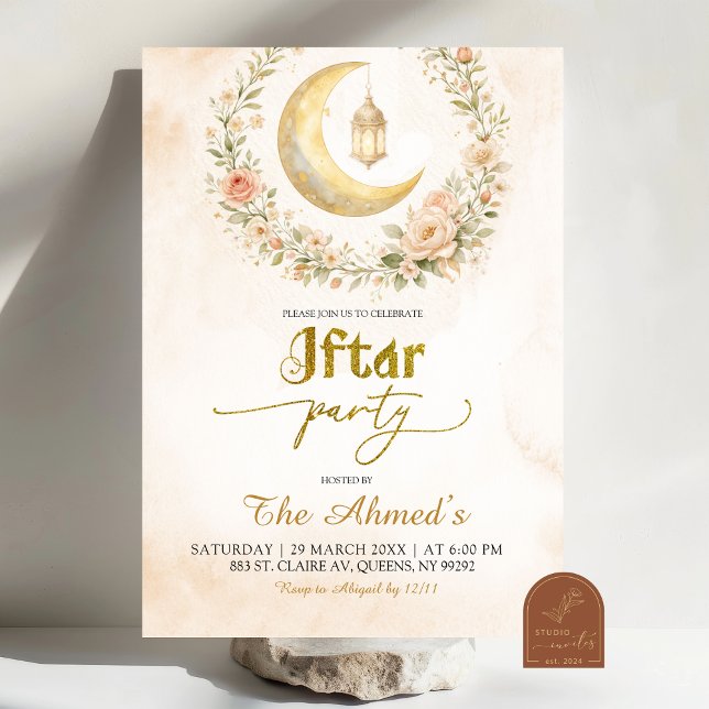 Boho Beige Floral Crescent Ramadan Iftar Party Invitation (Creator Uploaded)