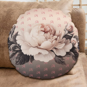 Boho Beige Floral Monogram Round Throw Pillow