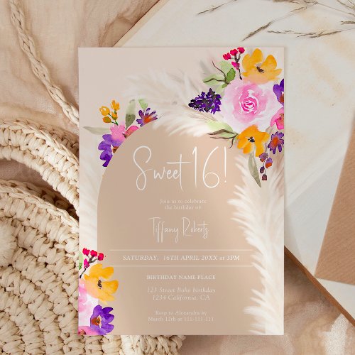 Boho beige floral pampas desert arch Sweet 16 Invitation