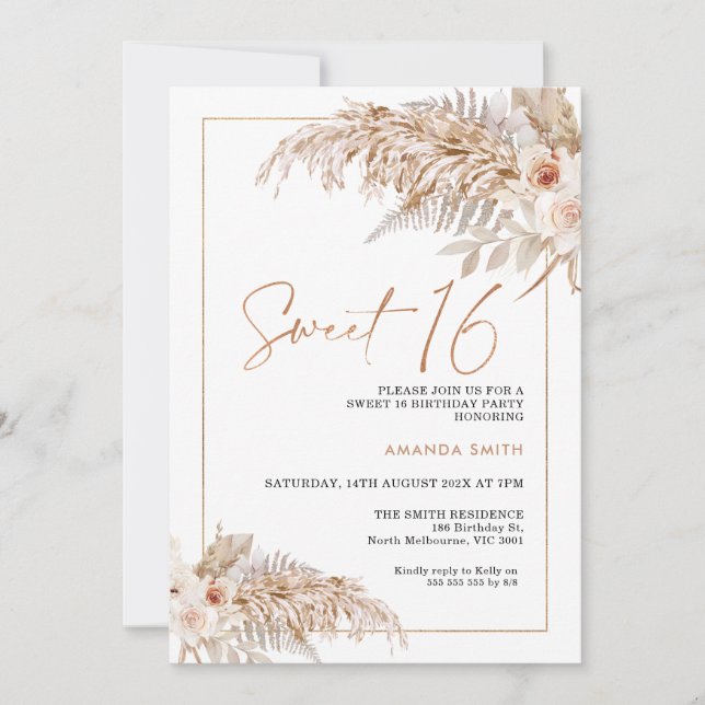 Boho Beige Floral Pampas Grass 16th Birthday Invitation (Front)