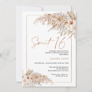Boho Beige Floral Pampas Grass 16th Birthday Invitation