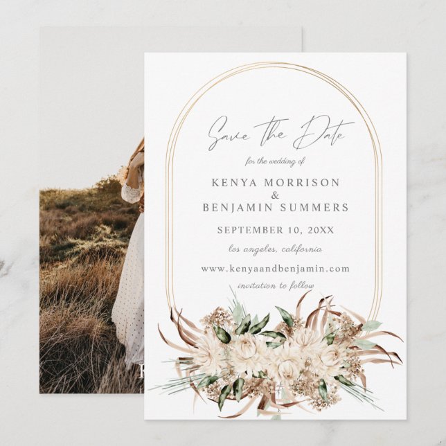 Boho Beige Floral Save the Date Photo Invitation (Front/Back)