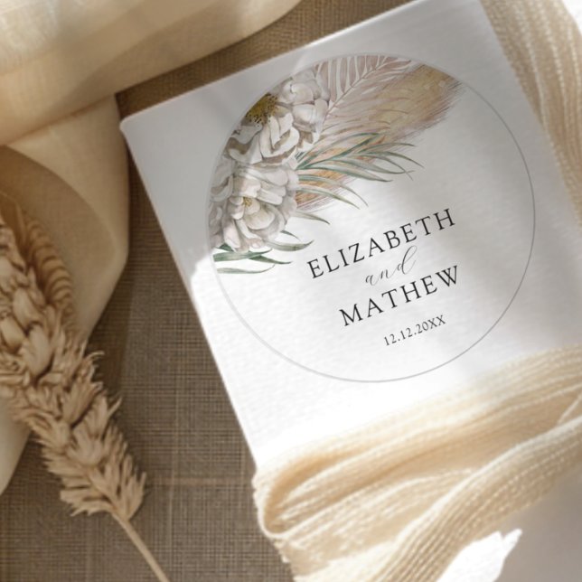 Boho Beige Floral Wedding  Classic Round Sticker (Creator Uploaded)