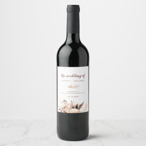 Boho Beige Floral Wedding Wine Label