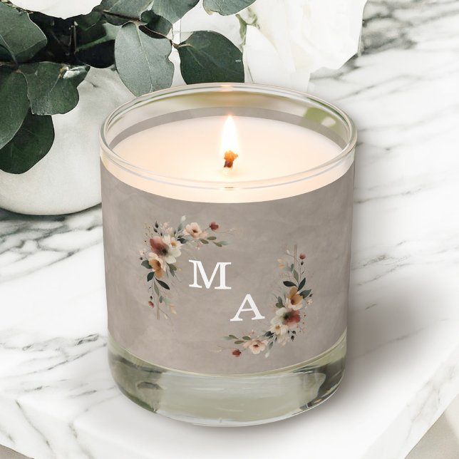 Boho Beige Floral Wreath Wedding Monogram Scented Candle (Light up your love story with our floral monogrammed candles, perfect for setting a romantic mood.)