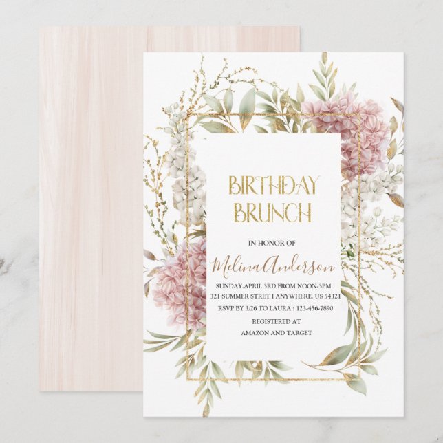 Boho  Beige Flowesr  gold watercolor birthday  bru Invitation (Front/Back)