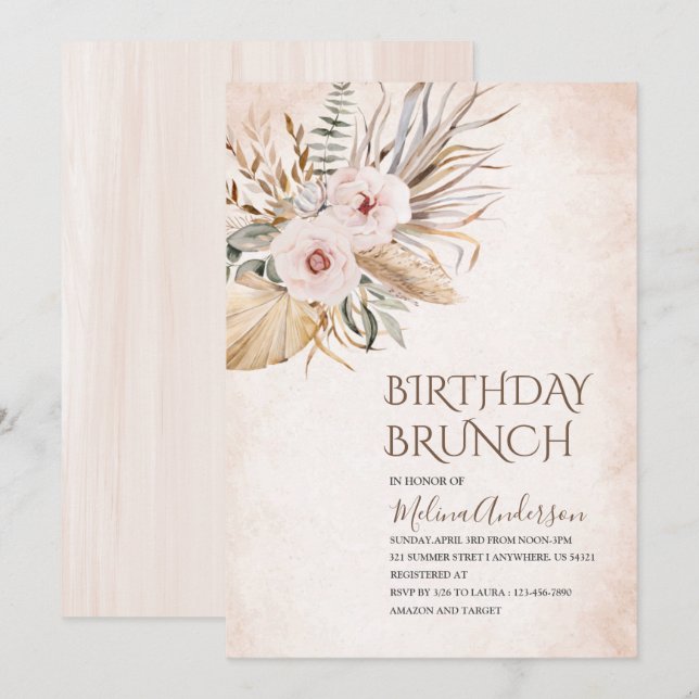 Boho  Beige Flowesr  watercolor birthday brunch Invitation (Front/Back)