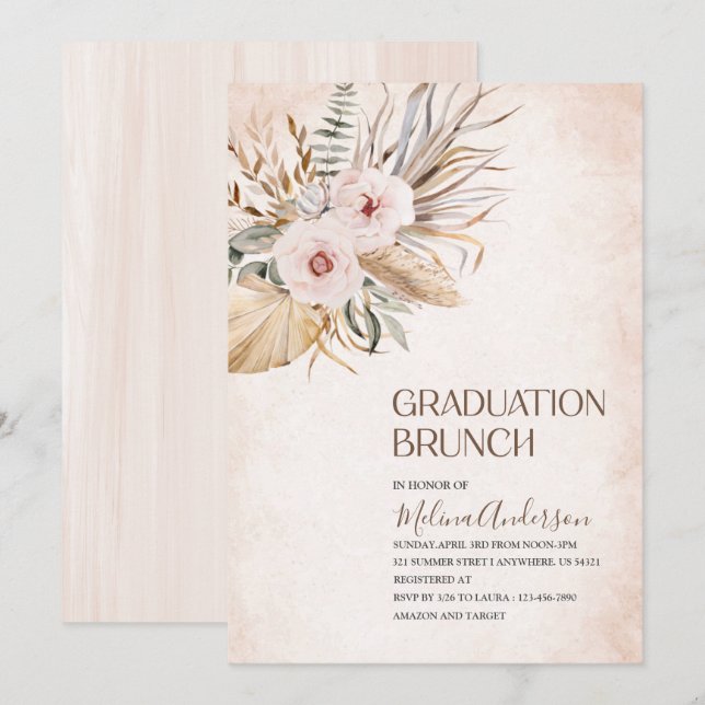 Boho  Beige Flowesr  watercolor graduation brunch Invitation (Front/Back)