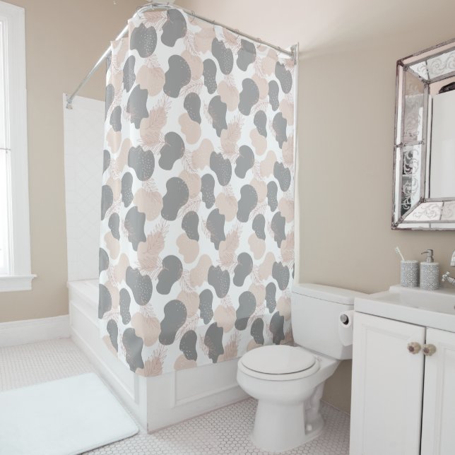 Boho Beige Gray Abstract  Shower Curtain (In Situ)