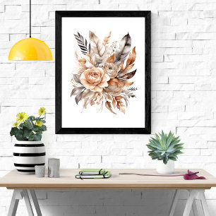 Boho Beige Gray Floral Botanical Feathers Poster