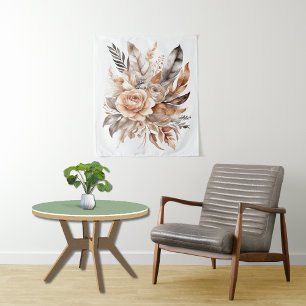 Boho Beige Gray Floral Botanical Watercolor Tapestry