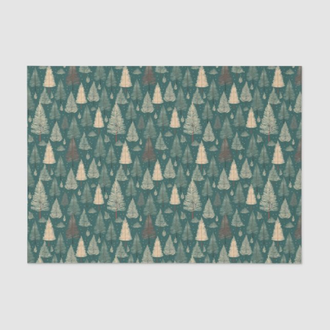 Boho Beige Green Christmas Trees Holiday Tissue Paper (Front)