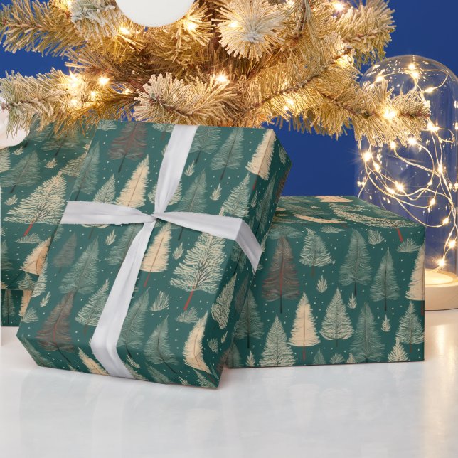 Boho Beige Green Christmas Trees Holiday Wrapping Paper (Holidays)