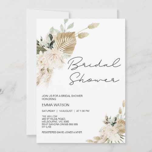 Boho Beige Green Floral Pampas Grass Bridal Shower Invitation