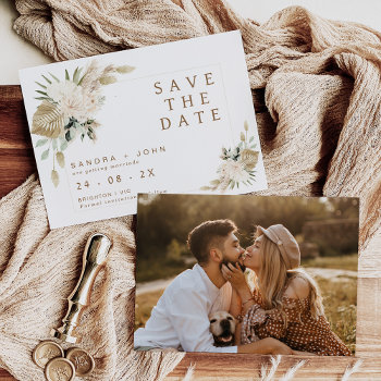 Boho Beige Green Floral Save The Date Card by figtreedesign at Zazzle