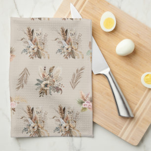 Boho Beige Green Pink Floral Botanical Leaves Kitchen Towel