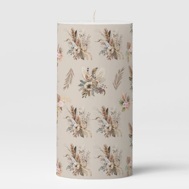 Boho Beige Green Pink Floral Botanical Leaves Pillar Candle (Front)