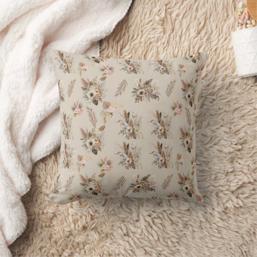 Boho Beige Green Pink Floral Botanical Leaves Throw Pillow
