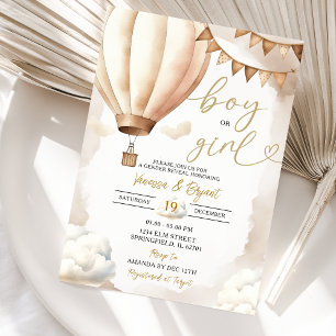 Boho Beige Hot Air Balloon Boy Girl Gender Reveal Invitation
