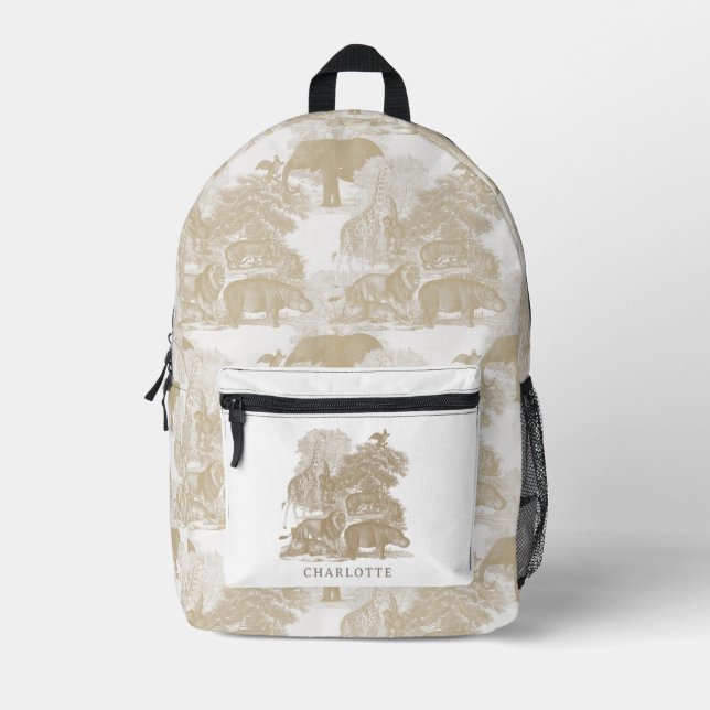 Boho Beige Jungle Animals Chinoiserie Boy Girl Printed Backpack (Front)