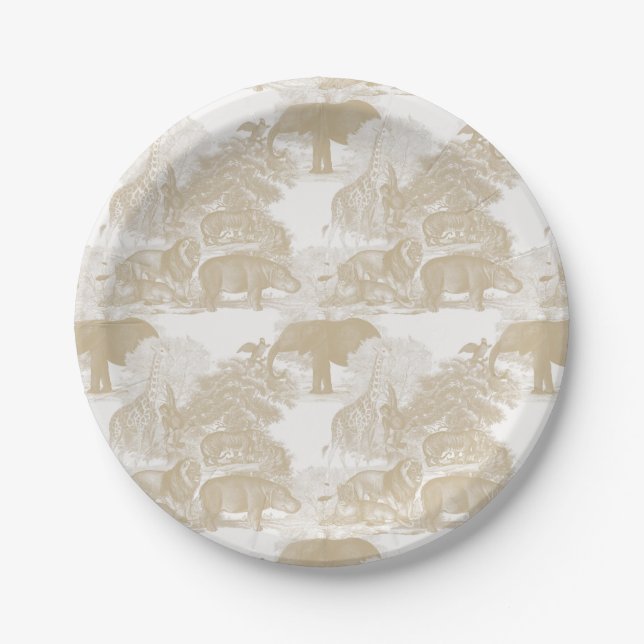 Boho Beige Jungle Animals Safari Chinoiserie Paper Plates (Front)