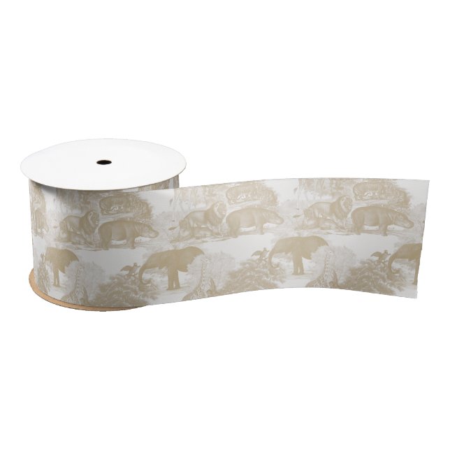 Boho Beige Jungle Animals Safari Chinoiserie Satin Ribbon (Spool)