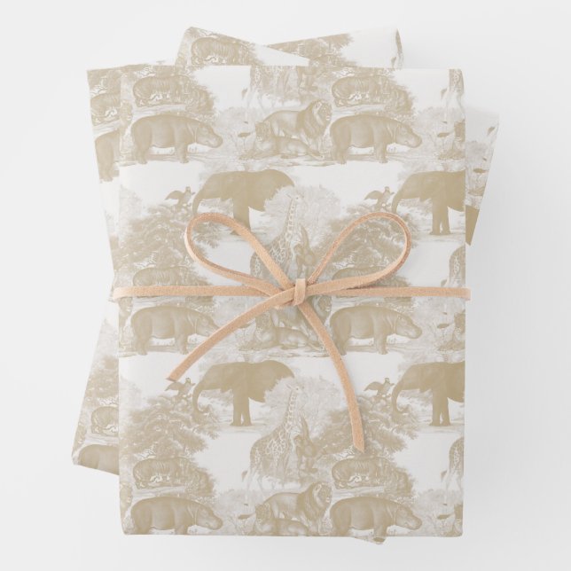 Boho Beige Jungle Animals Safari Chinoiserie Wrapping Paper Sheets (In situ)