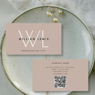 Boho Beige Monogram Modern Minimalist QR Code Business Card