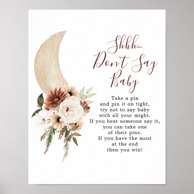 Boho Beige Moon Baby Shower Don't Say Baby Poster (Front)