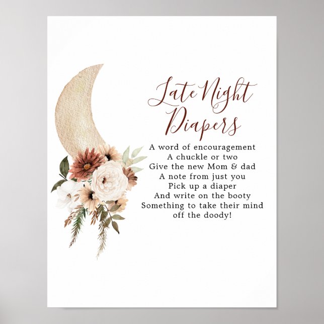 Boho Beige Moon Baby Shower Late Night Diaper Poster (Front)