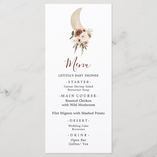 Boho Beige Moon Baby Shower Menu Sign (Front)