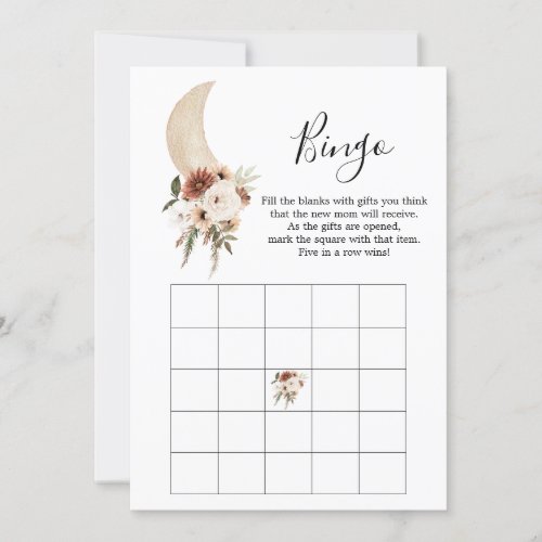 Boho Beige Moon Floral Baby Shower Bingo Game Invitation