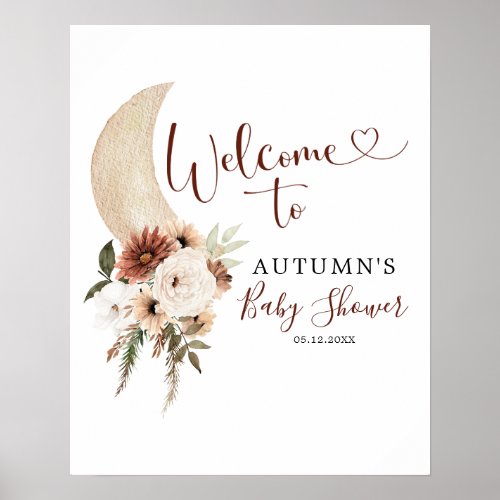 Boho Beige Moon Floral Baby Shower Welcome Sign