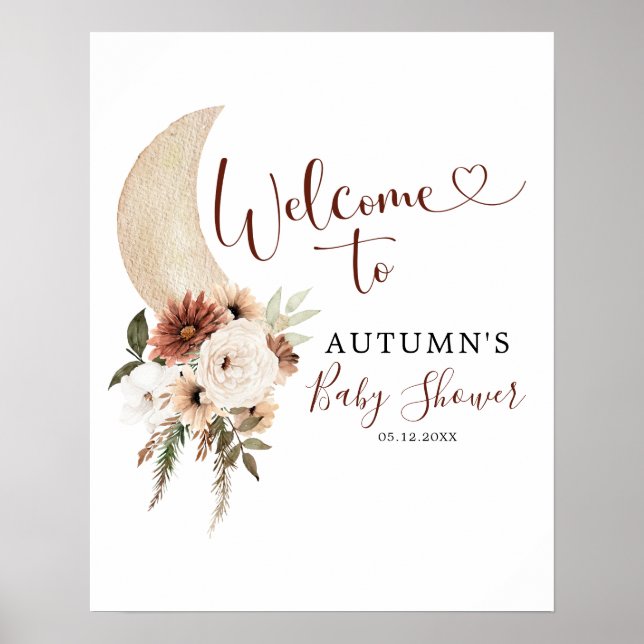 Boho Beige Moon Floral Baby Shower Welcome Sign (Front)