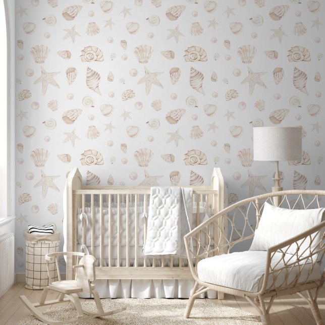 Boho Beige Neutral Nautical Coastal Pearls Shells Wallpaper (Kids)